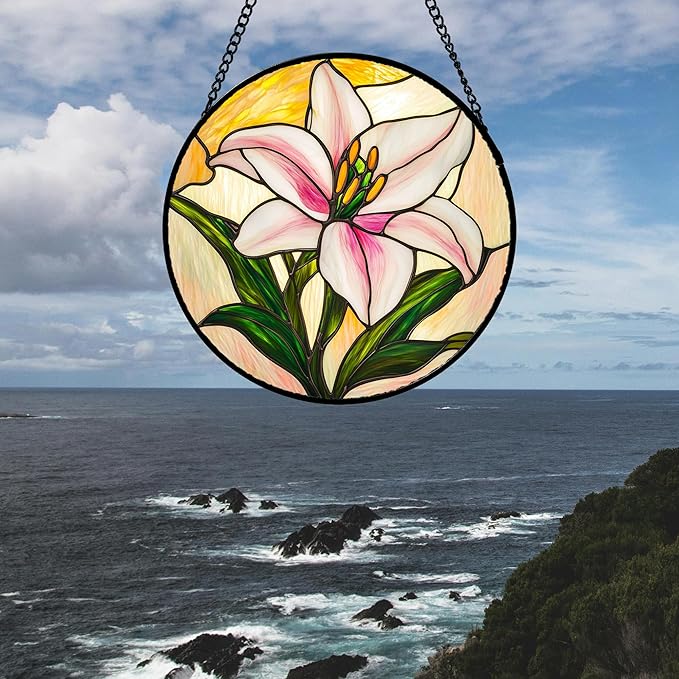 Stained Glass Window Hanging 4 Pcs Set Lily Rose Sunflower Poppy 6.3" - Flower Suncatcher Door Garden Sun Catcher Decor Birthday Mother's Day for Wife Woman Nana Girl