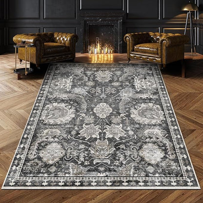 RUGSURE Washable Area Rugs - Perfect for Living Room, Bedroom, Kids Room, Nursery - Stain & Water Resistant Non-Slip, Pet & Child Friendly, Vintage Tribal Area Rugs (Grey, 3' x 5 ')