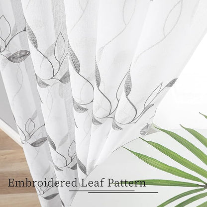 Tollpiz Grey Leaf Sheer Curtain Leaves Embroidered Living Room Curtains Rod Pocket Voile Window Treatment for Bedroom, 54 x 72 inches Long, Set of 2 Panels