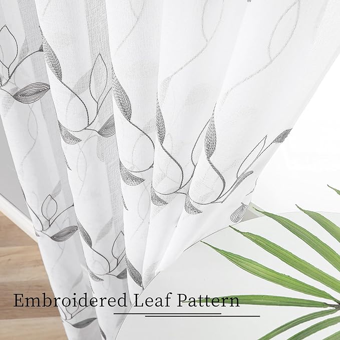 Tollpiz Grey Leaf Sheer Curtain Leaves Embroidered Bedroom Curtains Rod Pocket Voile Window Treatment for Living Room, 54 x 95 inches Long, Set of 2 Panels