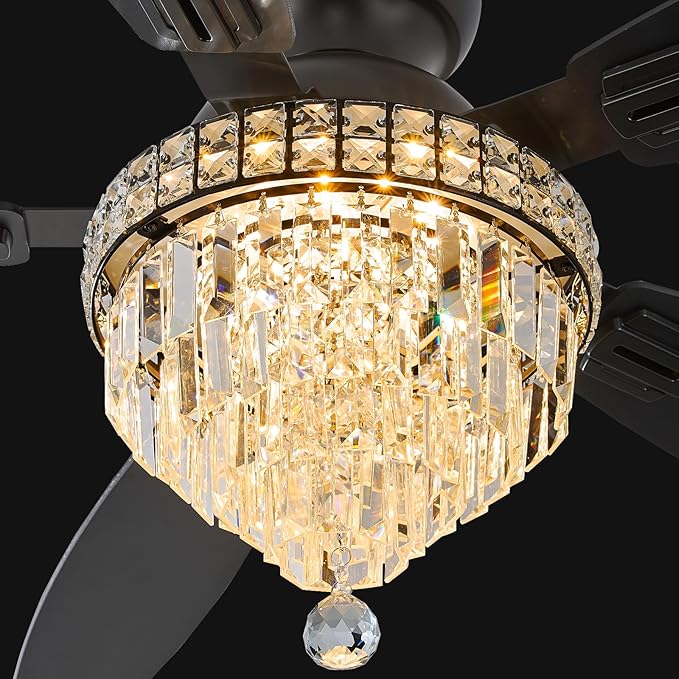Crystal Ceiling Fan Fandelier with Lights-Ceiling Fans,50" Low Profile and Remote Control, Flush Mount, Reversible, Dimmable, Noiseless,Ceiling Fan for Bedroom（Black）