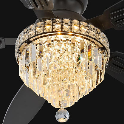 Crystal Ceiling Fan Fandelier with Lights-Ceiling Fans,50" Low Profile and Remote Control, Flush Mount, Reversible, Dimmable, Noiseless,Ceiling Fan for Bedroom（Black）
