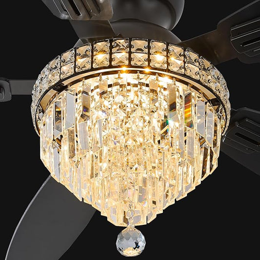 Crystal Ceiling Fan Fandelier with Lights-Ceiling Fans,50" Low Profile and Remote Control, Flush Mount, Reversible, Dimmable, Noiseless,Ceiling Fan for Bedroom（Black）