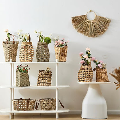 Woven Front Door Basket Water Hyacinth Wall Hanging Basket Decorative Boho Mounted Organizer for Dried Flower Plants Storage Basket for Garden, Home, and Farmhouse Décor (B_Hyacinth)