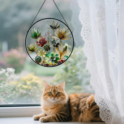 Stained Glass Window Hanging, 9.8'' Succulents Sun Catcher Glass Panel Home Garden Decor with Chain, Green Plants Stained Glass Sunatcher Gift for Nature Lover, Mom, Friends