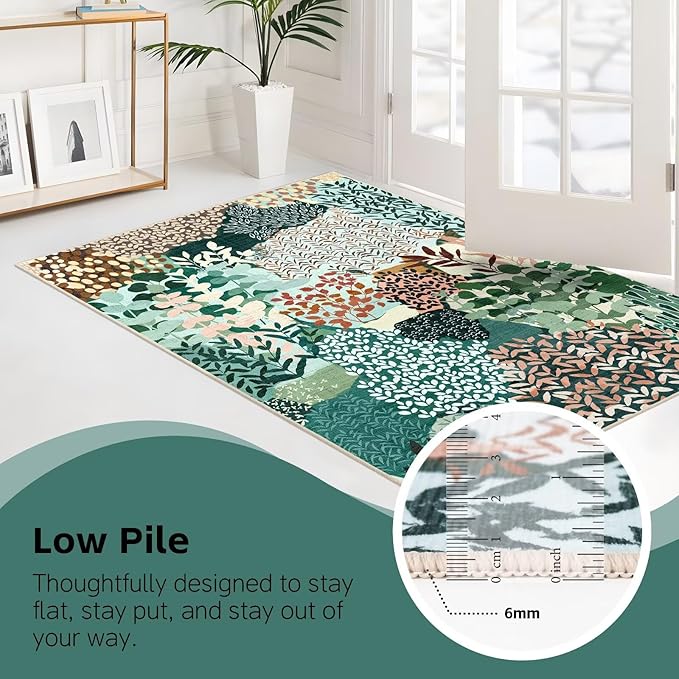 DEXDE Large Area Rugs 9x12 for Living Room, Floral Washable Rug Boho Print Vintage Low Pile Non Slip Carpet for Bedroom Kids Room Nursery Office Dinning Room, Dark Green