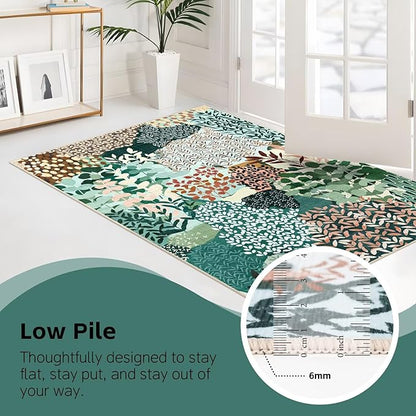 DEXDE Round Rug 6ft Washable Circle Area Rugs, Non Slip Low Pile Boho Floral Large Circular Carpet for Bedroom Bathroom Entryway Kids Room Office Dining Room, Dark Green