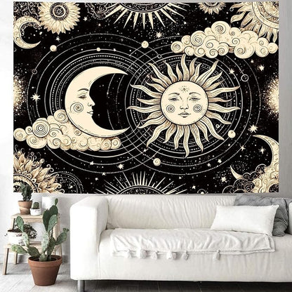 Delur Sun and Moon Tapestry Black Dark Boho Spiritual Burning Sun Tapestry Wall Hanging Mystic Aesthetic Cloud Abstract Star Psychedelic Headboard for Bedroom Living Room Home Decor (70.8" x 92.5")