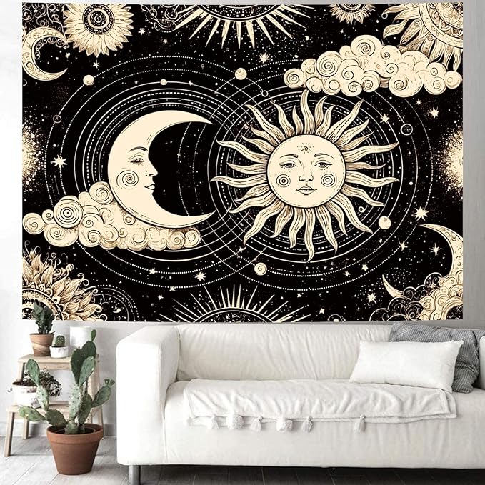 Delur Sun and Moon Tapestry Black Dark Boho Spiritual Burning Sun Tapestry Wall Hanging Mystic Aesthetic Cloud Abstract Star Psychedelic Headboard for Bedroom Living Room Home Decor (59.1" x 78.7")