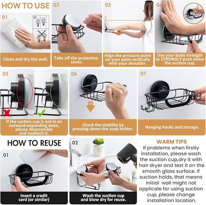 LEVERLOC Soap Holder Dish with Hooks for Shower, Bar Suction Cup Soap Tray Wall Mounted, Rustproof Stainless Steel Sponge Holder Caddy for Bathroom Bathtub Kitchen Sink, Black