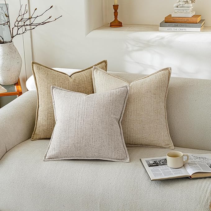 a moment Linen Pillow Covers Set of 2,Boho Farmhouse Throw Pillowcases Neutral Textured Decorative Covers for Couch Sofa,Linen Blend Accent Case Cushion Living Room Home Decor 26"x26" Ivory