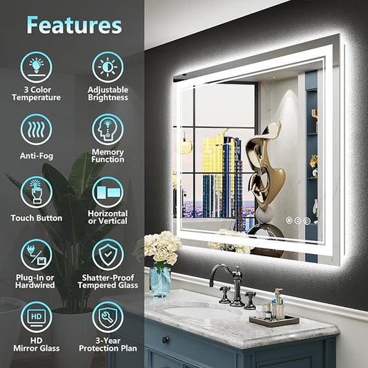 32x32 LED Bathroom Mirror with Lights, Backlit and Front Lit, Anti-Fog Lighted Vanity Mirrors for Bathroom Wall, Dimmable, 3-Color Light, Memory, Shatter-Proof, HD Tempered Glass, CRI＞90