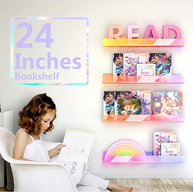 24 inches Iridescent Acrylic Bookshelf for Kids, Wall Mounted Kids Display Book Shelves for Room Nursery Toddler Classroom (2 Packs)
