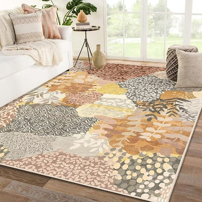 DEXDE Area Rugs for Living Room 4x6.5, Washable Non Slip Boho Rugs Throw Carpet for Bedroom Bedside Dorm Dining Room Indoor Soft Floral Home Decor, Camel