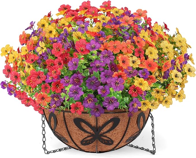 Artificial Faux Hanging Flowers Plants Basket for Outdoors Outside Home Decoration,Hanging Planters with Realistic Silk Fake Daisy Flowers UV Resistant for Balcony Patio Porch Spring Summer Multicolor
