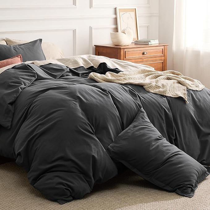 Bedsure 100% Washed Cotton Duvet Cover Queen Size - Charcoal Minimalist Cotton Duvet Cover Linen Like for All Seasons - GentleSoft™ Plain Simple Bedding (Charcoal, Queen, 90"x90")