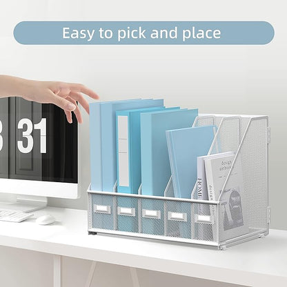 SUPEASY Desk Organizers Metal Desk Magazine File Holder with 5 Vertical Compartments Rack File Organizer for Office Desktop, Home Workspace, White