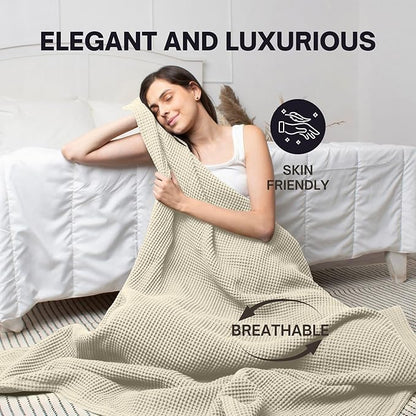 100% Cotton Waffle Blankets for Bed - Throw (50" x 60") Lightweight, Breathable and Soft, Waffle Weave Blanket for All-Season - Summer, Spring, Winter (Beige)