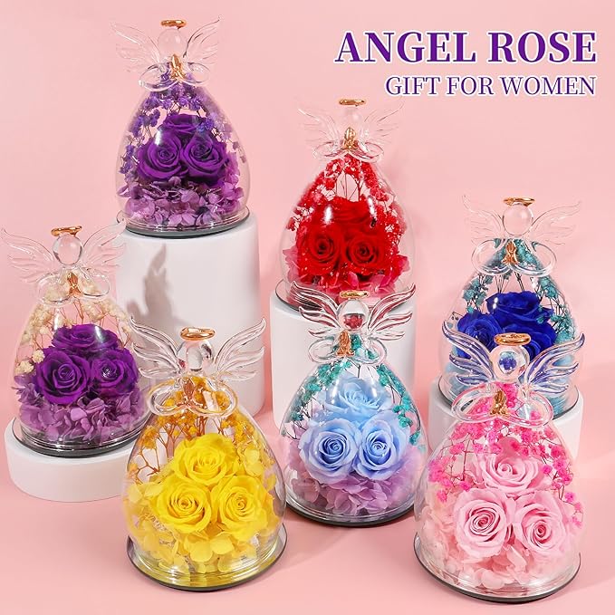 Beferr Valentines Day Rose Gifts for Her Women Mom Gifts for Birthday, Fresh Flowers for Delivery Forever Preserved Rose in Glass Angel Figurine, for Grandma Wife Kids Daughter