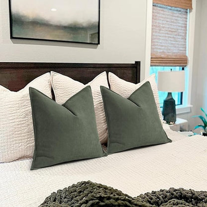 ZWJD Army Green Pillow Covers 16x16 Set of 2 Chenille Throw Pillow Covers with Elegant Design Soft and Luxurious Decorative Throw Pillows for Couch, Bed, and Home Decor