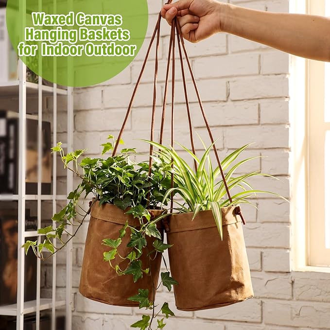 2 Pcs Waxed Canvas Hanging Planter 6'' Sphere Dijon Yellow Hanging Basket Flower Pot Floor Plant Holder Decorative Container for Indoor Outdoor Plants