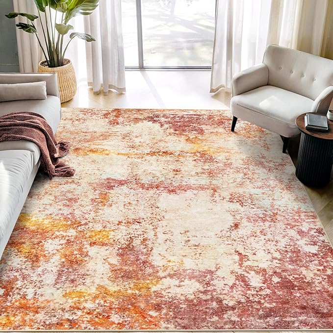 Area Rug Living Room Rugs - 6x9 Washable Modern Neutral Abstract Rugs Soft Low Pile No Slip Stain Resistant Rug Indoor Large Carpet for Bedroom Dining Room Nursery Room Home - Pink/Orange