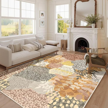 DEXDE 5x7 Area Rugs, Washable Non-Slip Abstract Boho Soft Rug for Living Room Bedroom,Leaves Floral Print Large Carpet for Entryway, Kids Playroom, Office,Camel