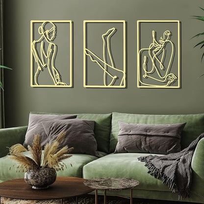 CHENGU 3 Pieces Gold Wall Decor Minimalist Wall Art Metal Line Wall Art Wall Decor for Bedroom Single Line Female for Kitchen Bathroom Living Room(Vivid Style)