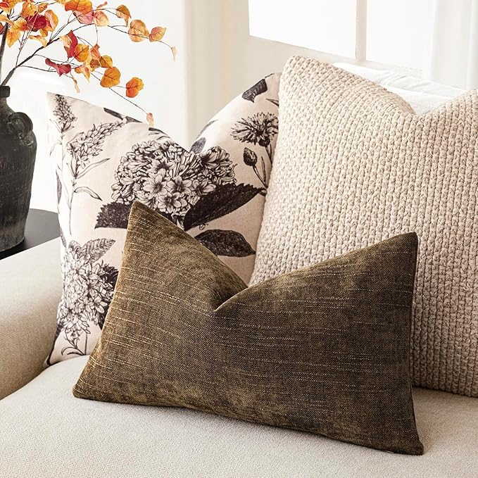 Foindtower Pack of 2 Textured Chenille Throw Decorative Pillow Covers Square Accent Solid Cushion Cover Neutral Farmhouse Lumbar Pillow Case for Couch Sofa Bedroom Living Room 12x24 Inch,Taupe Brown