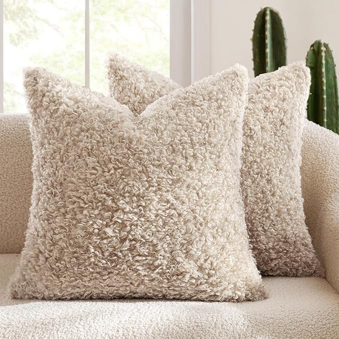 MIULEE Pack of 2 Faux Fur Throw Pillow Covers 16x16 Inch Neutral Light Beige Boucle Decorative Sherpa Pillow Covers Fuzzy Accent Soft Sheepskin Fleece for Boho Home Decor Couch Living Room Bed