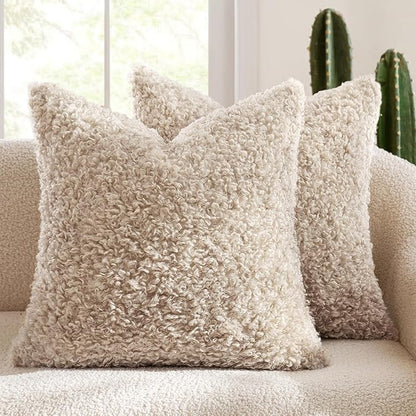 MIULEE Pack of 2 Faux Fur Throw Pillow Covers 16x16 Inch Neutral Light Beige Boucle Decorative Sherpa Pillow Covers Fuzzy Accent Soft Sheepskin Fleece for Boho Home Decor Couch Living Room Bed