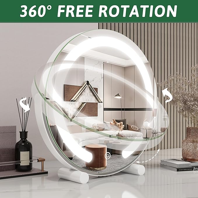 ROLOVE Vanity Mirror with Lights, 12 Inch Light Up Makeup Mirror, LED Makeup Mirror with Lights for Bedroom Tabletop, Smart Touch Control 3 Colors Dimmable, 360° Rotation, White