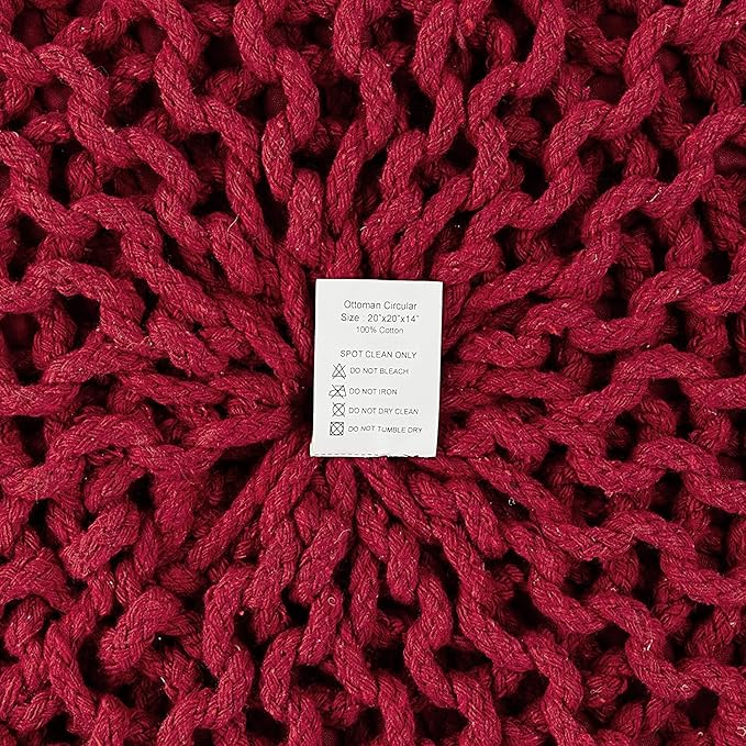 REDEARTH · Round Pouf Ottoman - Hand Knitted Cable Boho Poof - Foot Stool Bean Bag - Home Décor Stuffed Footrest for Living Room - Nursery - Bedroom - 100% Cotton Poufs (19.5"x19.5"x14") - Red