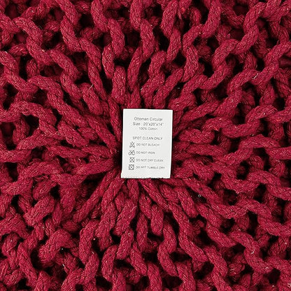 REDEARTH · Round Pouf Ottoman - Hand Knitted Cable Boho Poof - Foot Stool Bean Bag - Home Décor Stuffed Footrest for Living Room - Nursery - Bedroom - 100% Cotton Poufs (19.5"x19.5"x14") - Red
