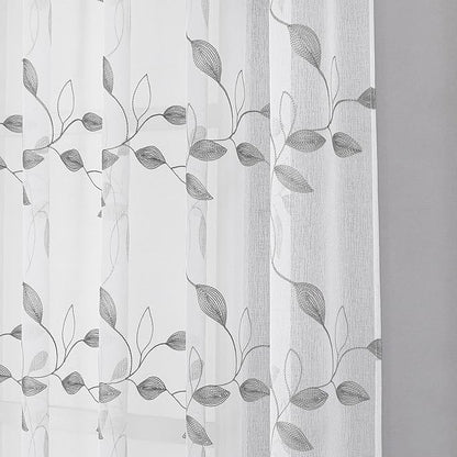 Tollpiz Grey Leaf Sheer Curtain Leaves Embroidered Bedroom Curtains Rod Pocket Voile Window Treatments for Living Room, 38 x 63 inches Long, Set of 2 Panels