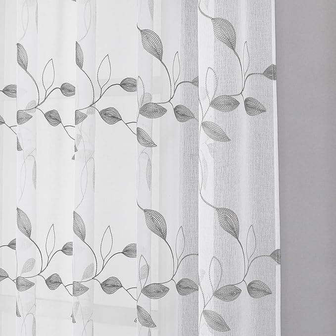 Tollpiz Grey Leaf Sheer Curtains Leaves Embroidered Bedroom Short Curtain Rod Pocket Voile Window Treatment for Living Room, 38 x 54 inches Long, Set of 2 Panels