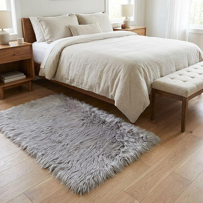 3 x 5 ft Fluffy Gray Rug – Cozy Faux Fur Rug for Bedroom, Living Room, or Nursery – Soft Faux Sheepskin Decor Accent