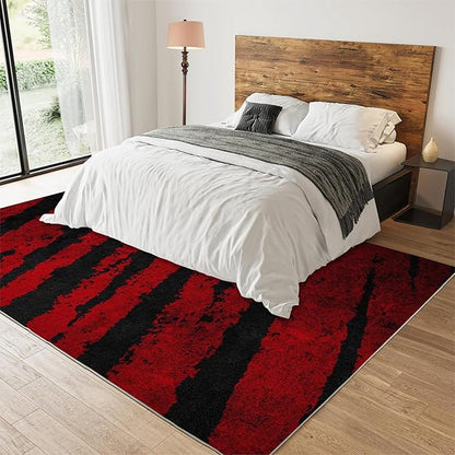 Red Black Retro Tabby Pattern Texture Area Rug, Modern Abstract Print Large Rugs, Indoor Non-Slip Kids Rugs, Machine Washable Breathable Durable Carpet for Front Entrance Floor Decor,6 x 9ft