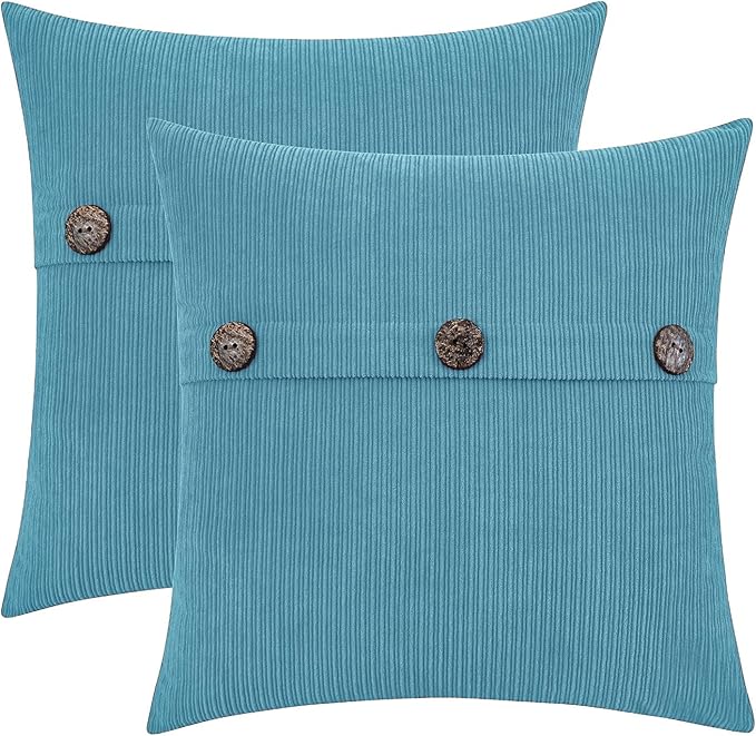 HWY 50 Smoke Blue Chenille Throw Pillow Covers 18x18 Inch with Triple Buttons, Soft Farmhouse Accent Decorative Cushion Cases for Couch Sofa Bed Living Room Bedroom Pack of 2