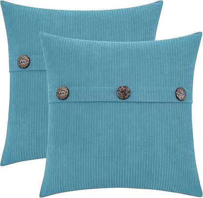 HWY 50 Smoke Blue Chenille Throw Pillow Covers 18x18 Inch with Triple Buttons, Soft Farmhouse Accent Decorative Cushion Cases for Couch Sofa Bed Living Room Bedroom Pack of 2