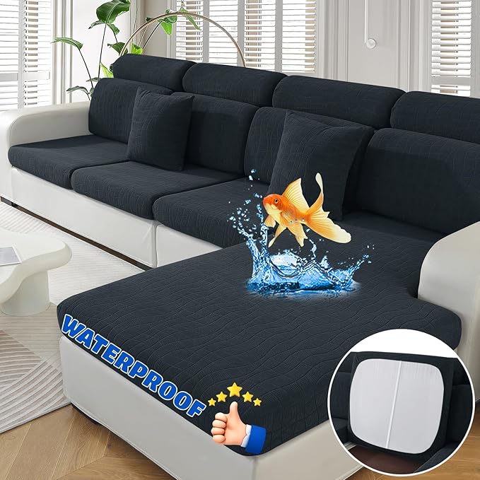 MAXIJIN Waterproof 4 Pieces Couch Cushion Covers for Sectional Sofa Seat Slipcover Stretch Sectional Couch Cover for L Shape Left/Right Chaise with Elastic Bottom (3 Seater + 1 Chaise, Dark Gray)