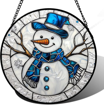 Stained Glass Window Hanging Christmas Snowman Blue White 6.3" - Suncatcher Door Garden Sun Catcher Home Decor Birthday Mother's Day Xmas Gift for Mom Men Woman Her Nana Parents Girl