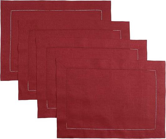 D'Moksha Homes Red Linen Placemats Set of 4 - Classic Hemstitch Placemats 14 x 19 Inch - 100% Pure Linen Table Mats for Valentines, Holiday, New Year - Handcrafted and Machine Washable