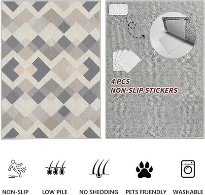 Modern Area Rug Living Room Rugs 3x5, Minimalist Soft Boho Geometric Rug, Non-Slip Washable Low Pile Non Shedding Carpet for Bedroom Office Dining Room Kitchen Nursery, Gray Beige White