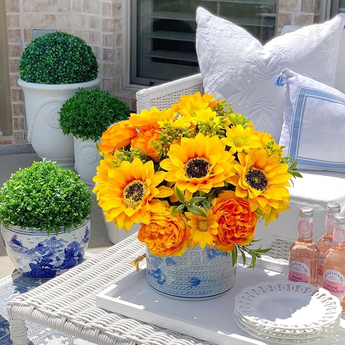 Artificial Flowers for Decoration, 3Pcs Fake Sunflower with Peonies Artificial Flowers Bouquet Silk Flowers for Home Wedding Party Table Centerpieces Vase Decor Indoor Floral Displays (Yellow)
