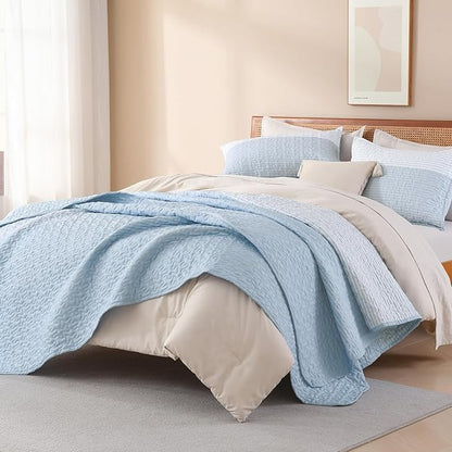 Litanika Quilt Queen Size Pale Blue, Stripe Patchwork Summer Bedspread Coverlet 3 Pieces, Soft Lightweight Microfiber Quilted Bedding Set for All Season(1 Quilt, 2 Pillowcases)
