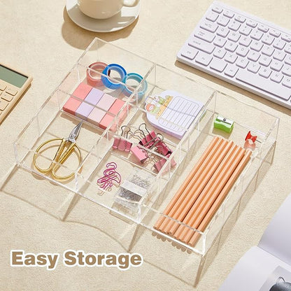 Acrylic Drawer Organizer Clear Desk Drawer Organizer Trays with Adjustable Compartments Desk Accessories for Office Stationery Makeup Silverware Bathroom (Non Expandable)