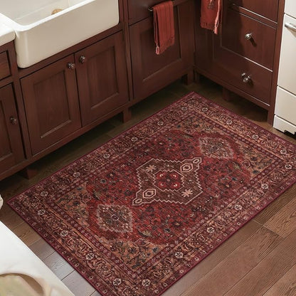 Tangsoo Washable Entryway Rugs 2x3 Vintage Non Slip Small Area Rug, Indoor Front Door Rug, Print Distressed Door Mat Indoor Entrance Soft Low Pile Throw Rug for Entry Kitchen Bedroom Dark Red
