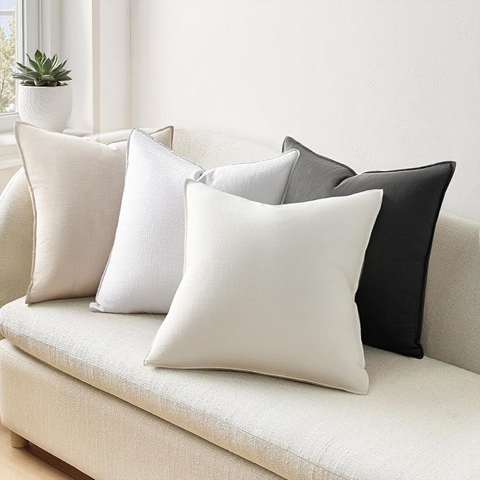 Grey Pillow Covers 18x18 Neutral Boho Couch Linen Throw Pillows with Flange Design for Bed Pack of 4 Accent Modern Pillowcase for Sofa Livingroom Bed and Balcony Home Decor