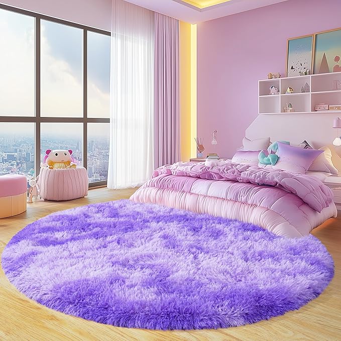Round Fluffy Rugs 4Ft for Girls Bedroom, Tie-Dyed Purple Shag Circle Kids Rug Non-Slip for Bedside Dorm Nursery Playroom, Soft Cute Area Rugs for Living Room Decor